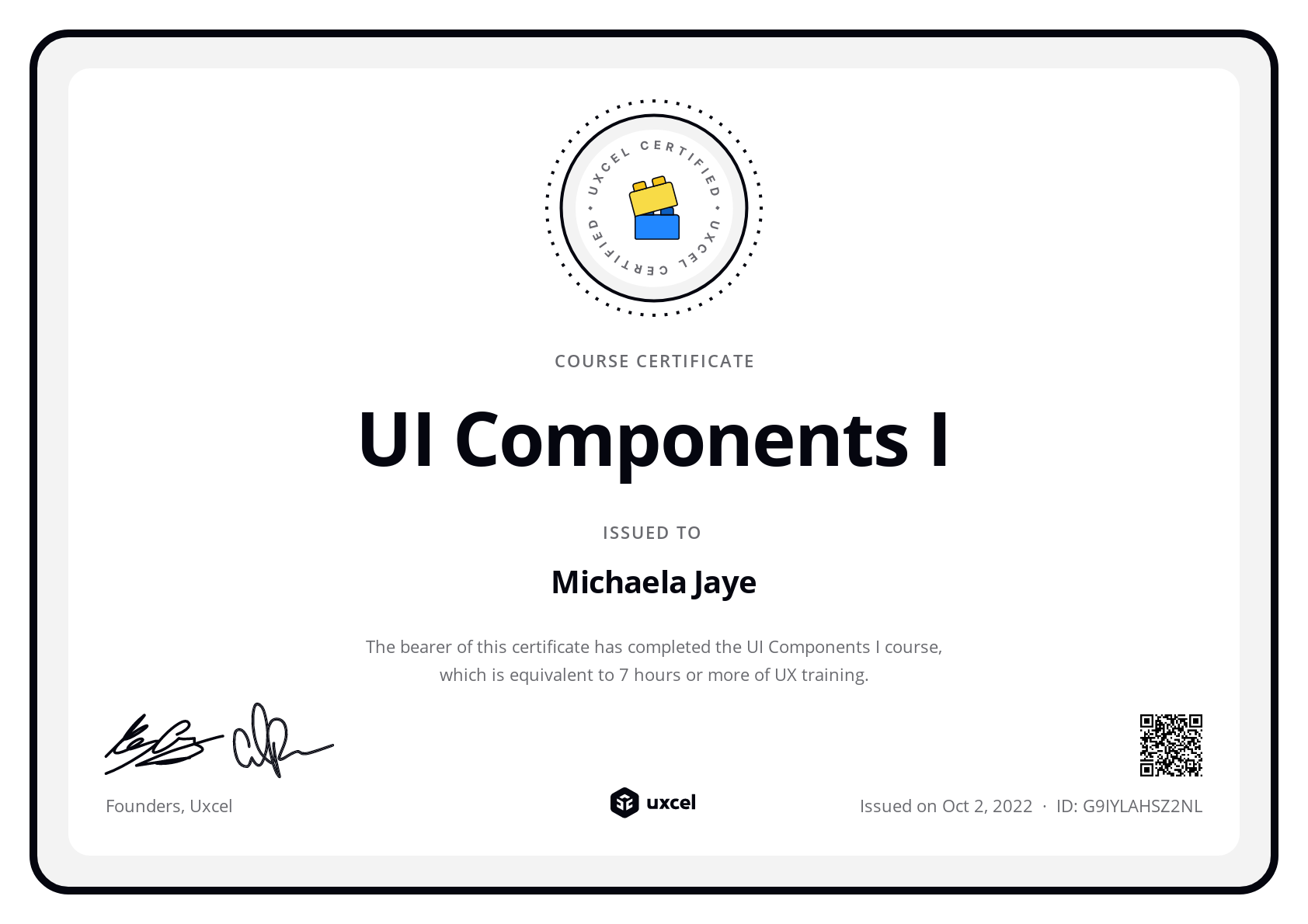 Michaela Jaye's certificate